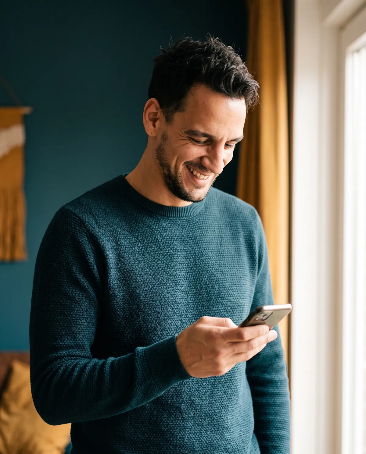Paul van Braam leest lachend een bericht op zijn telefoon