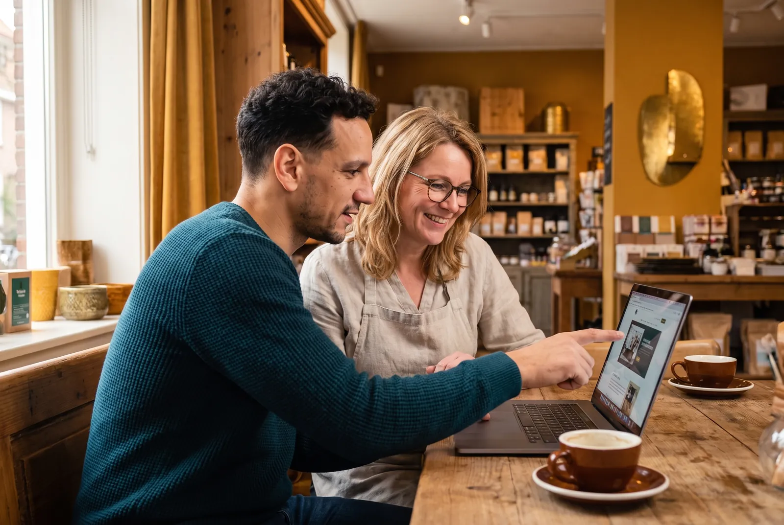 Paul van Braam laat een winkeleigenaar haar website zien op de laptop