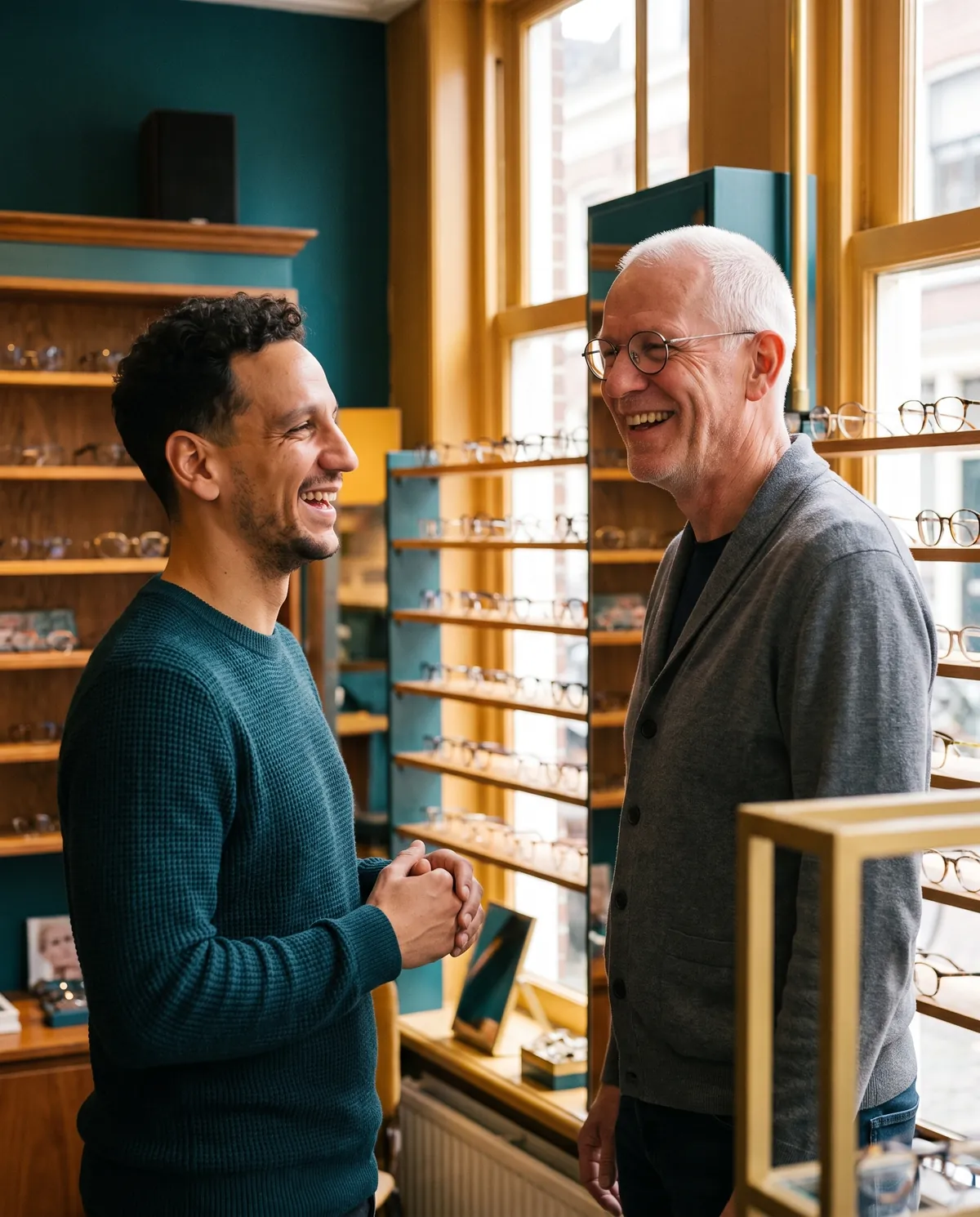 Paul van Braam in gesprek met een opticien in zijn winkel