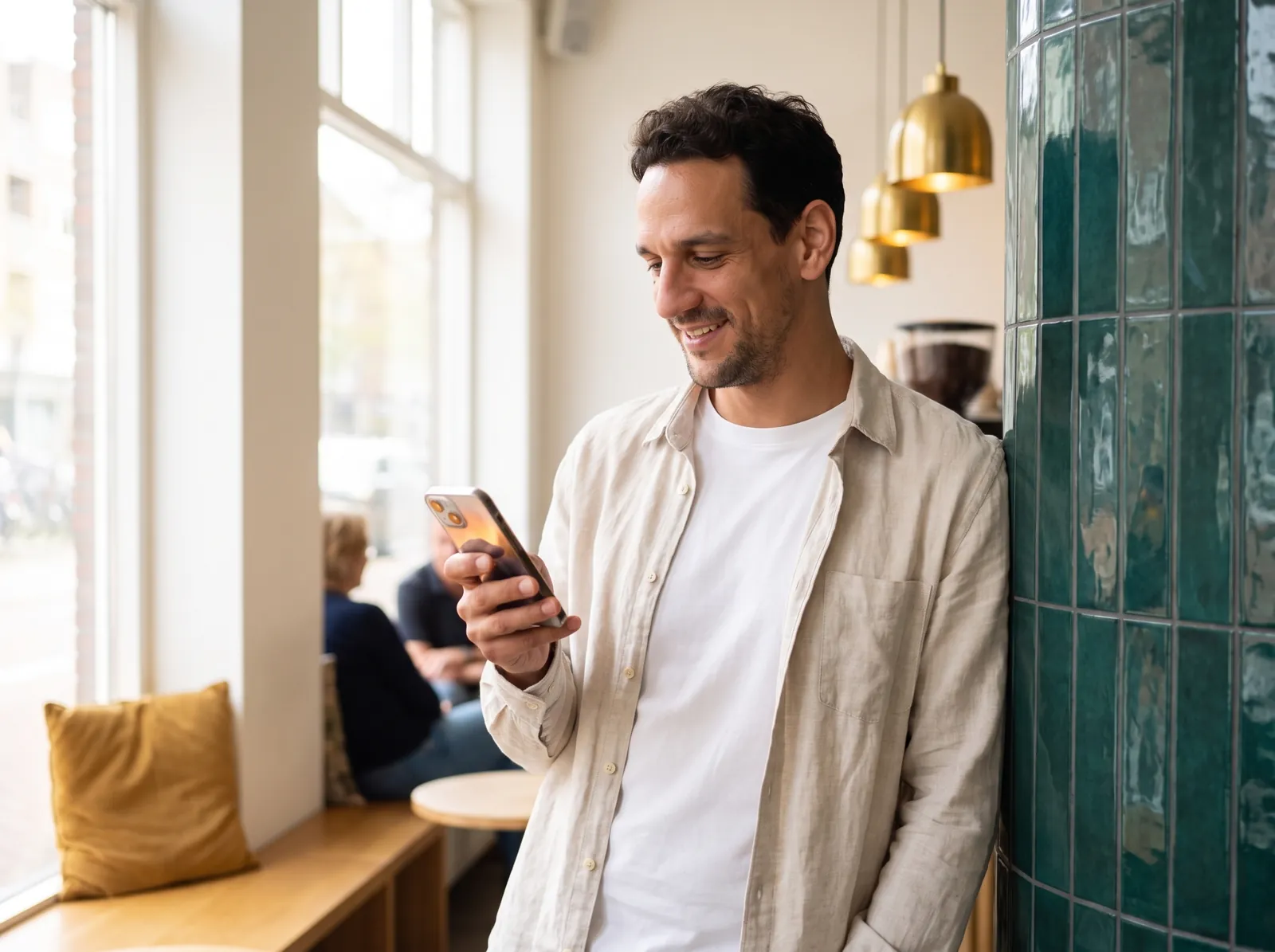 Paul van Braam kijkt op zijn telefoon in een koffiezaak